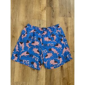 Columbia PFG Backcast Mens XL 8in Shorts Blue American Flag Shark 4th of July
